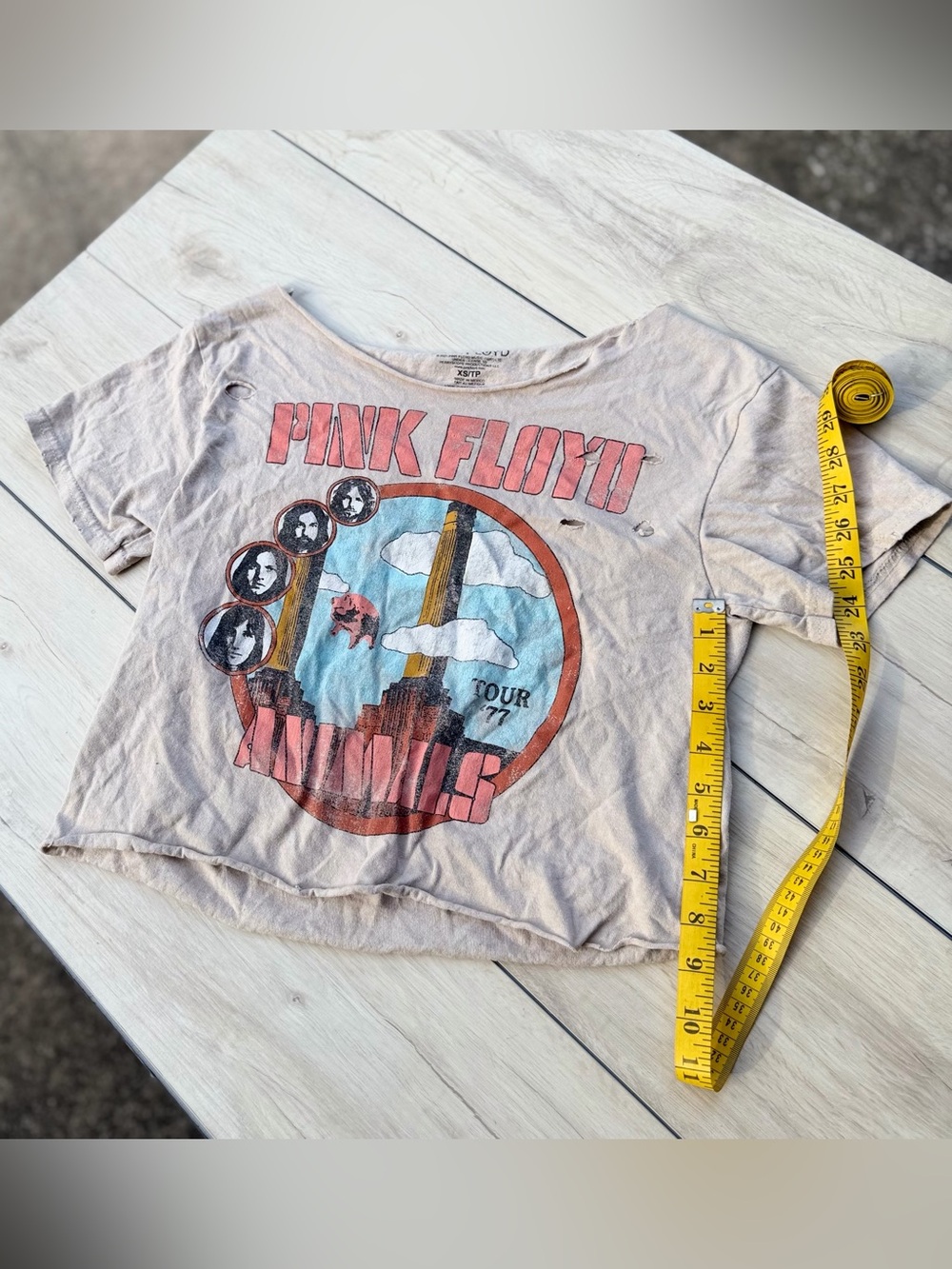 Pink Floyd Distressed Graphic Band Tee XS Cropped Wide Neck One Shoulder NWOT - Picture 7 of 10